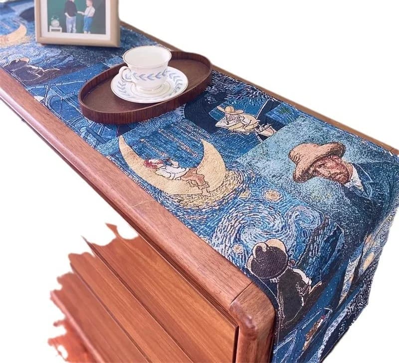 Běhoun na stůl ve stylu Van Gogha z bavlny a lnu