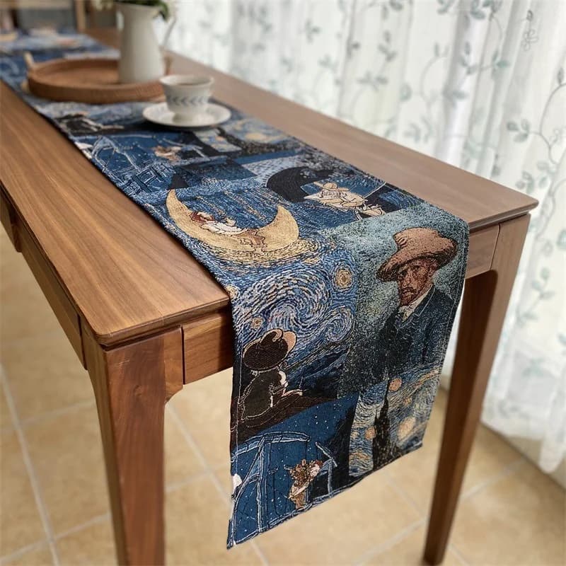 Běhoun na stůl ve stylu Van Gogha z bavlněno-loněné směsi
