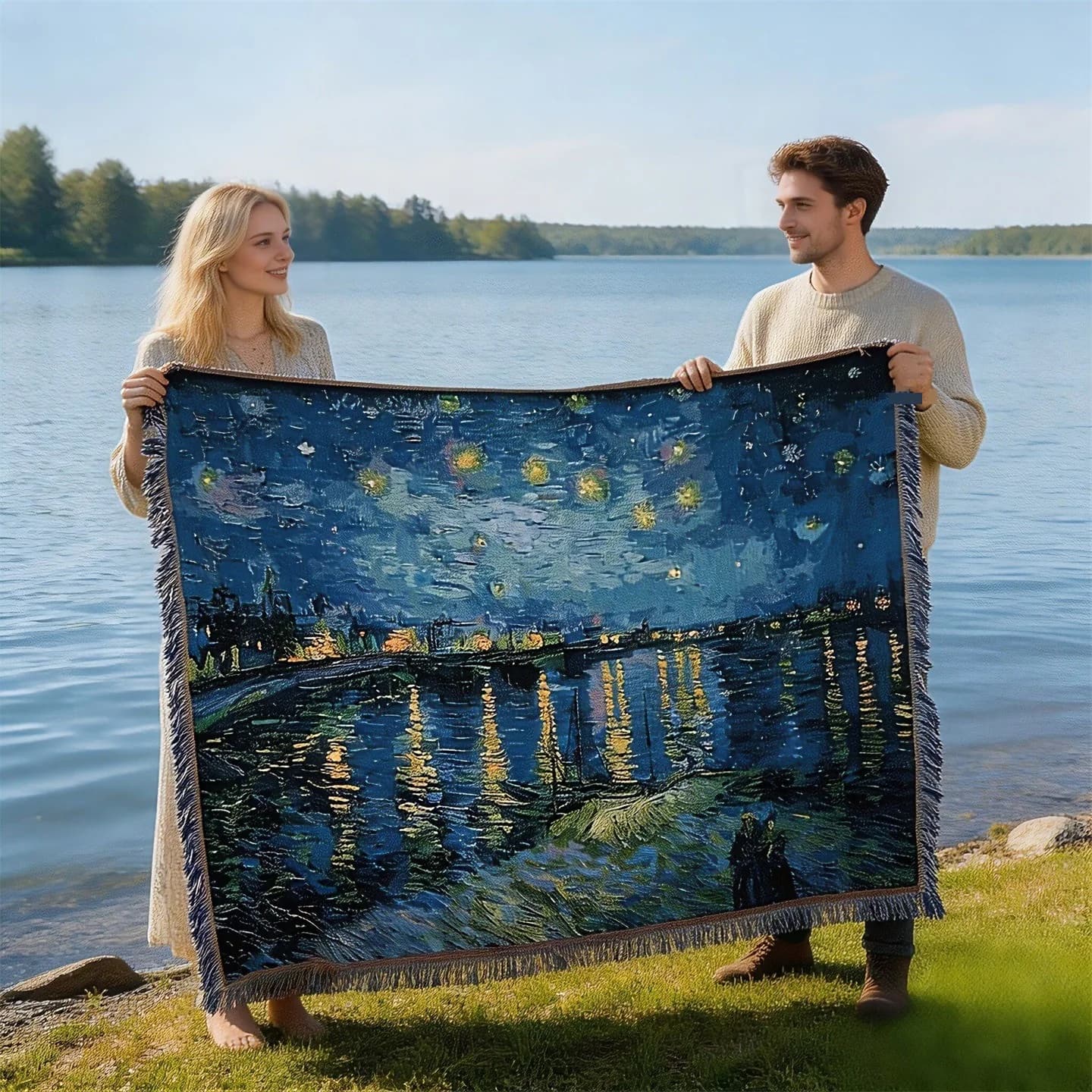 Přehoz ve stylu Van Gogha s uměleckou tapiserií na pohovku